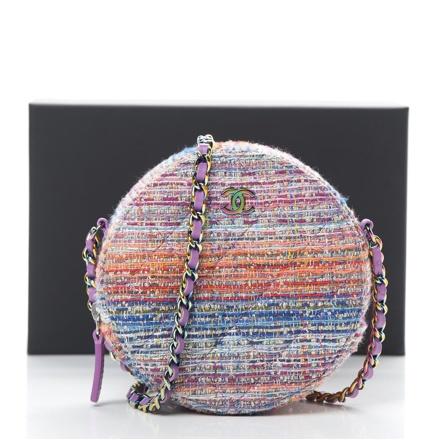Tweed Quilted Round Clutch With Chain Blue Pink Orange