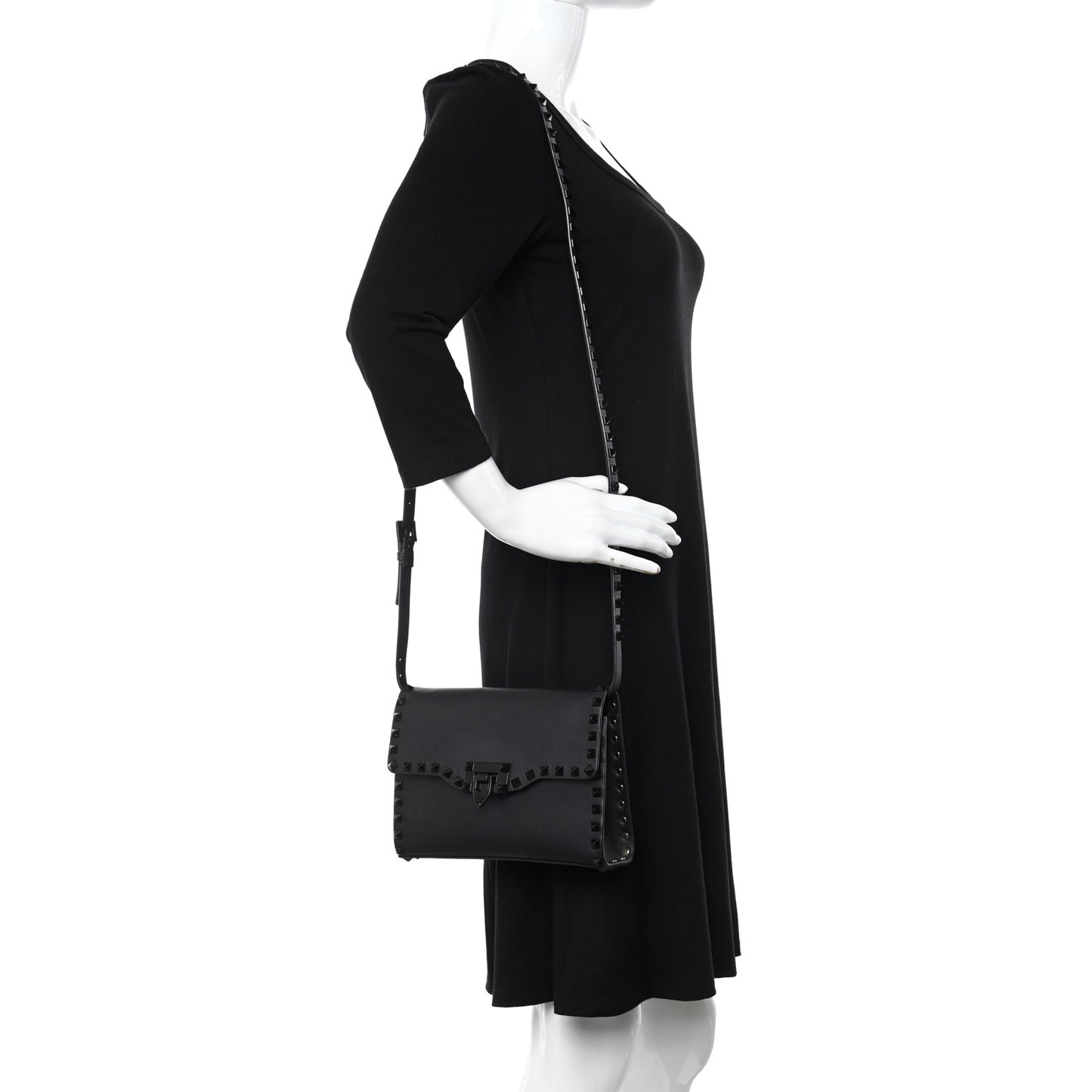 Vitello Monochrome Medium Rockstud Flip Lock Crossbody Bag Black