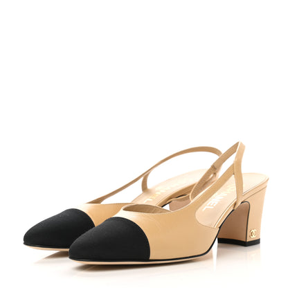 Chanel Goatskin Grosgrain Cap Toe CC Slingback Pumps 38.5 Beige Black 3 of 9