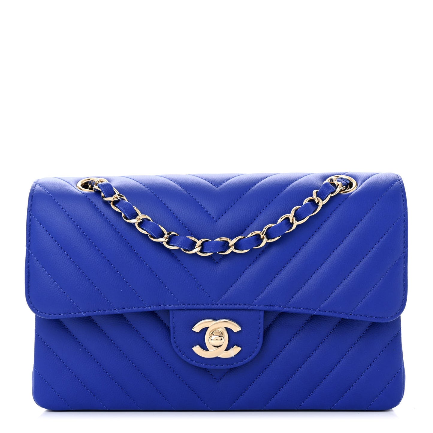 Caviar Chevron Quilted Small Double Flap Blue