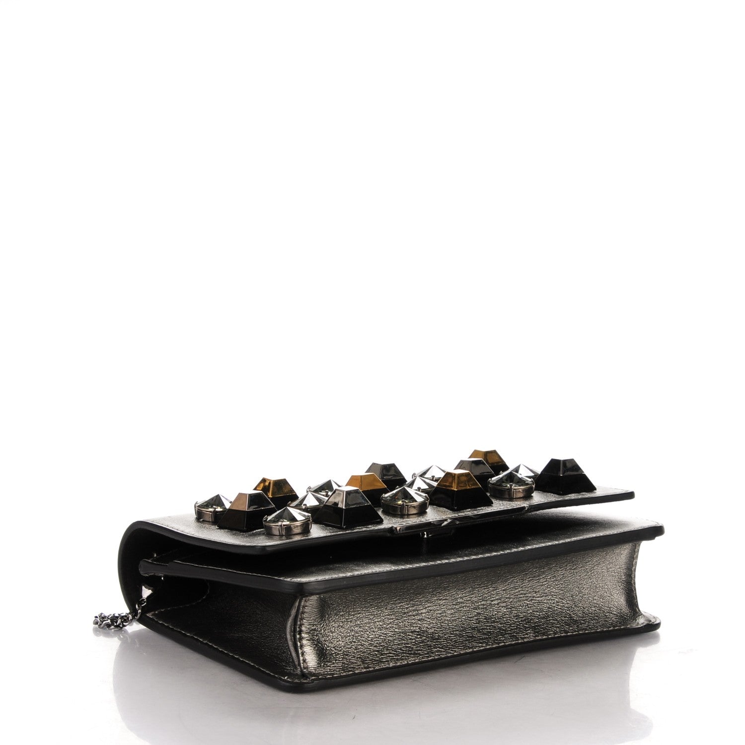 Fendi Glossy Calfskin Crystal Studded Tube Wallet On Chain Graphite 4 of 6