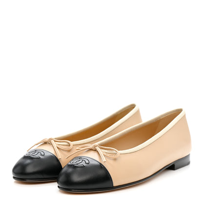 Chanel Lambskin Cap Toe CC Ballerina Flats 37.5 Beige Black 4 of 9
