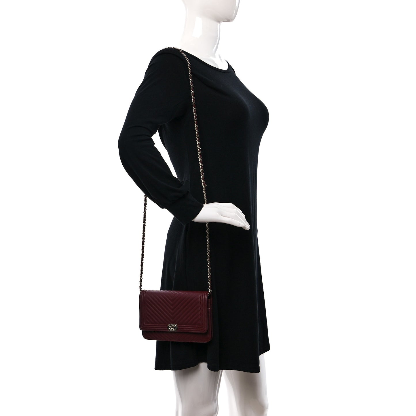 Calfskin Chevron Quilted Boy Wallet On Chain WOC Burgundy
