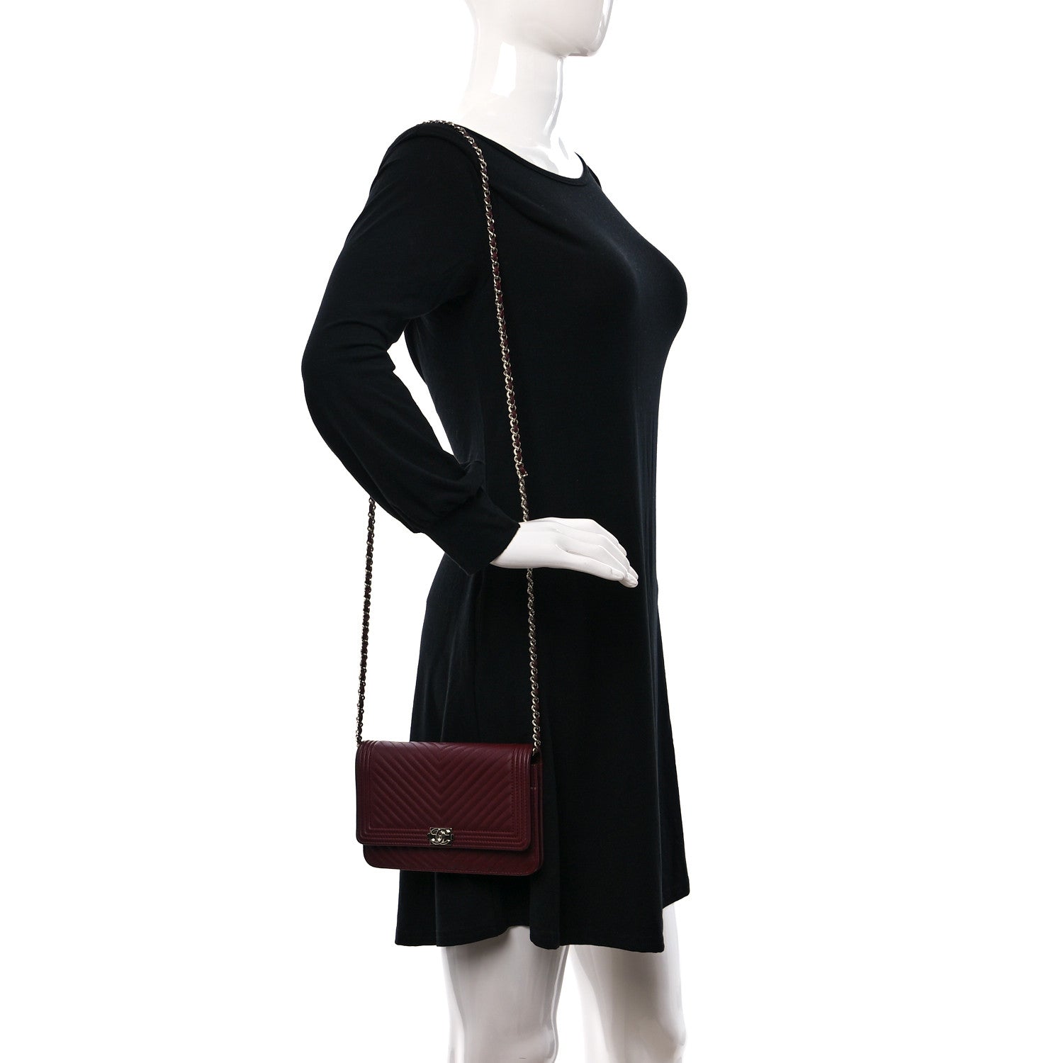 Chanel Calfskin Chevron Quilted Boy Wallet On Chain WOC Burgundy 2 of 11