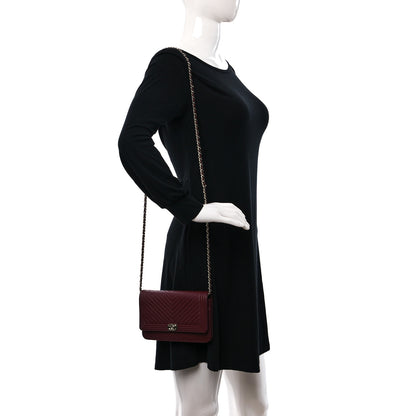Chanel Calfskin Chevron Quilted Boy Wallet On Chain WOC Burgundy 2 of 11