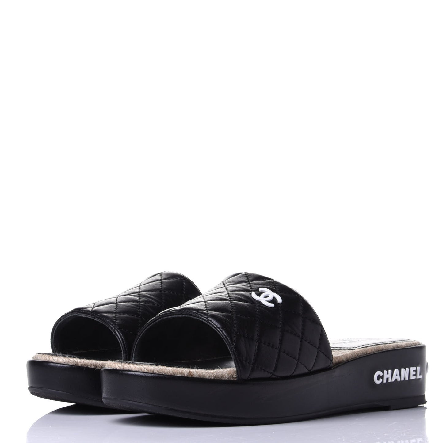 Lambskin Quilted CC Espadrille Slip On Sandals 40 Black