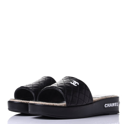 Chanel Lambskin Quilted CC Espadrille Slip On Sandals 40 Black 3 of 11