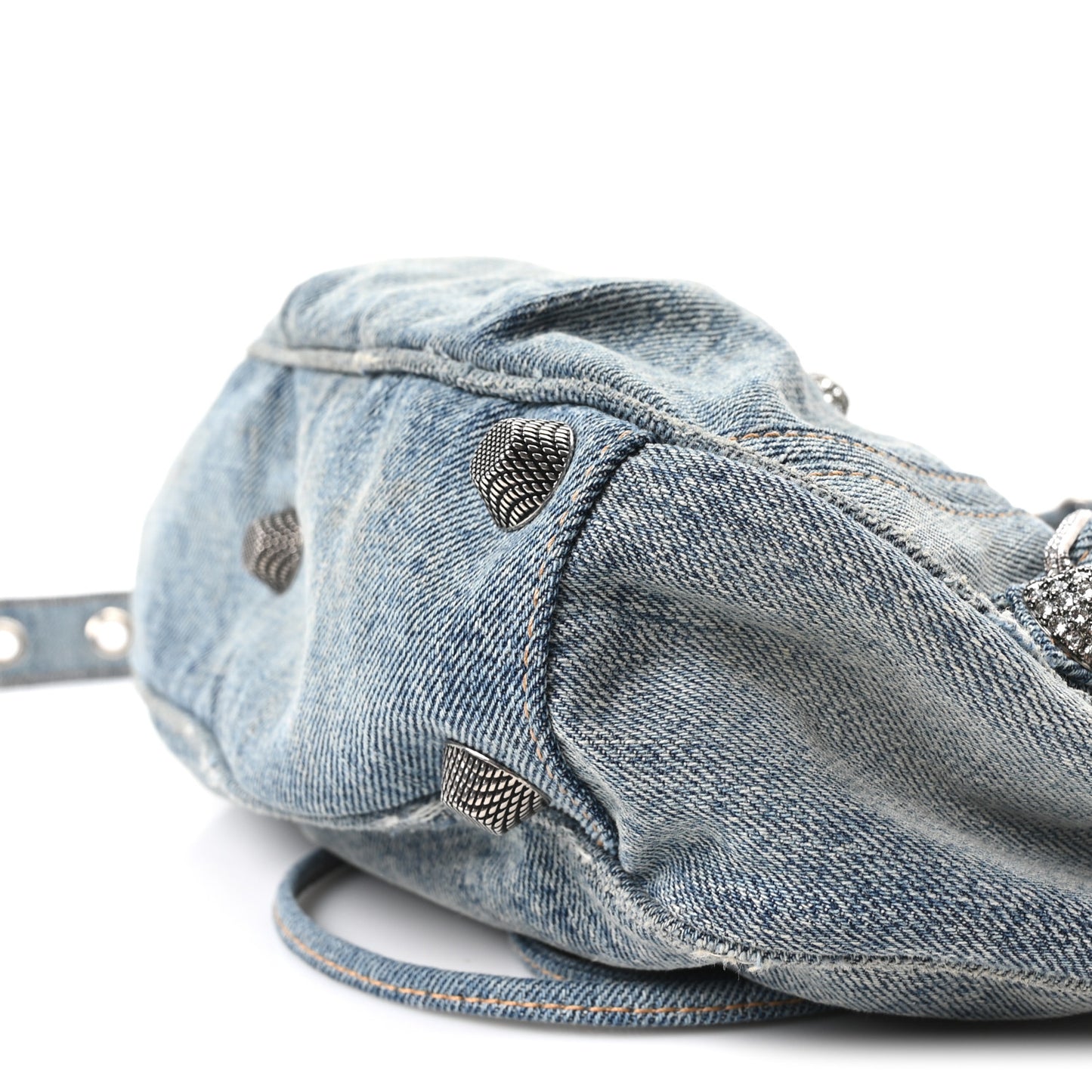 Washed Frayed Denim Crystal Small Le Cagole Shoulder Bag Blue