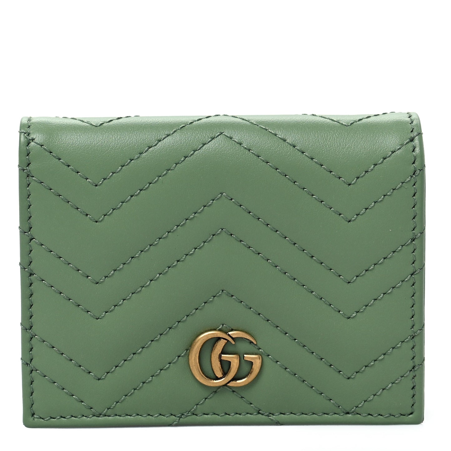 Calfskin Matelasse Chevron GG Marmont Card Case Wallet Salamander Green