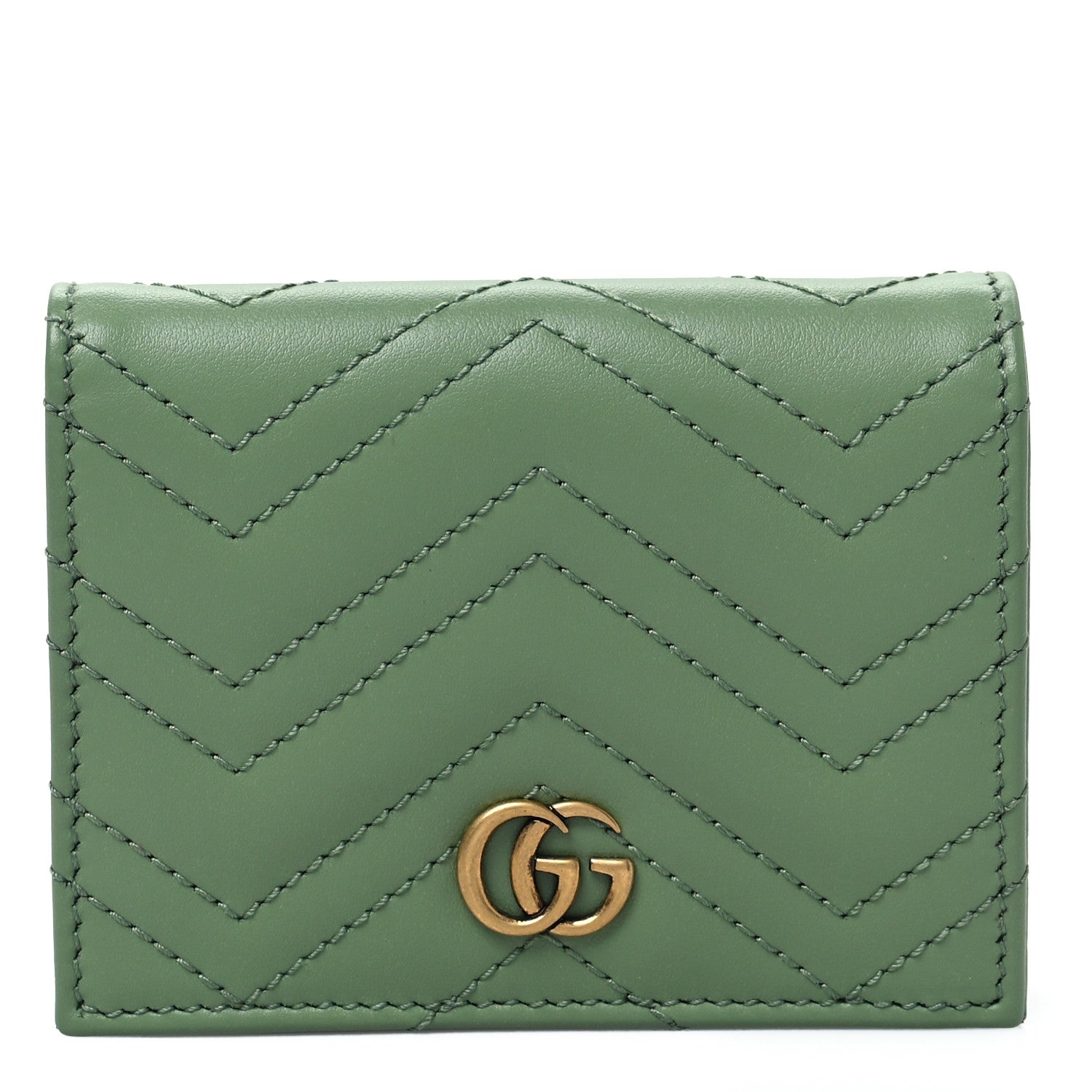 Gucci Calfskin Matelasse Chevron GG Marmont Card Case Wallet Salamander Green 1 of 7