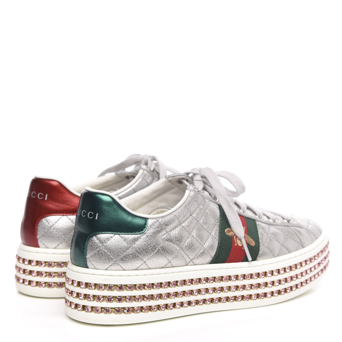 Laminated Nappa Crystal Web Bee Embroidered Trapuntata Womens Ace Platform Sneakers 36.5 Argento