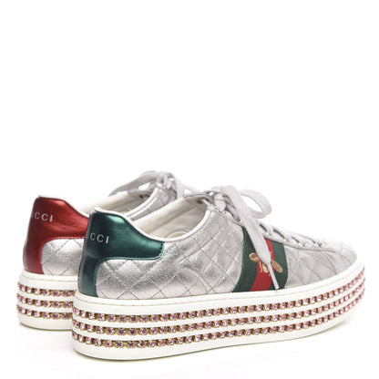 Gucci Laminated Nappa Crystal Web Bee Embroidered Trapuntata Womens Ace Platform Sneakers 36.5 Argento 4 of 8