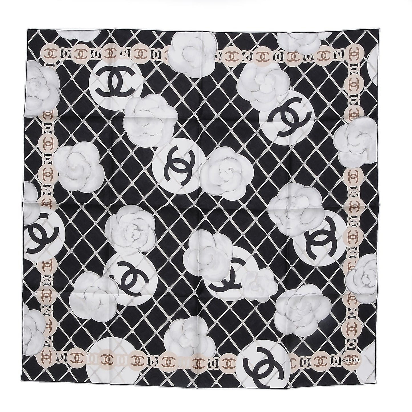 Silk CC Logo Camellia Scarf White Black