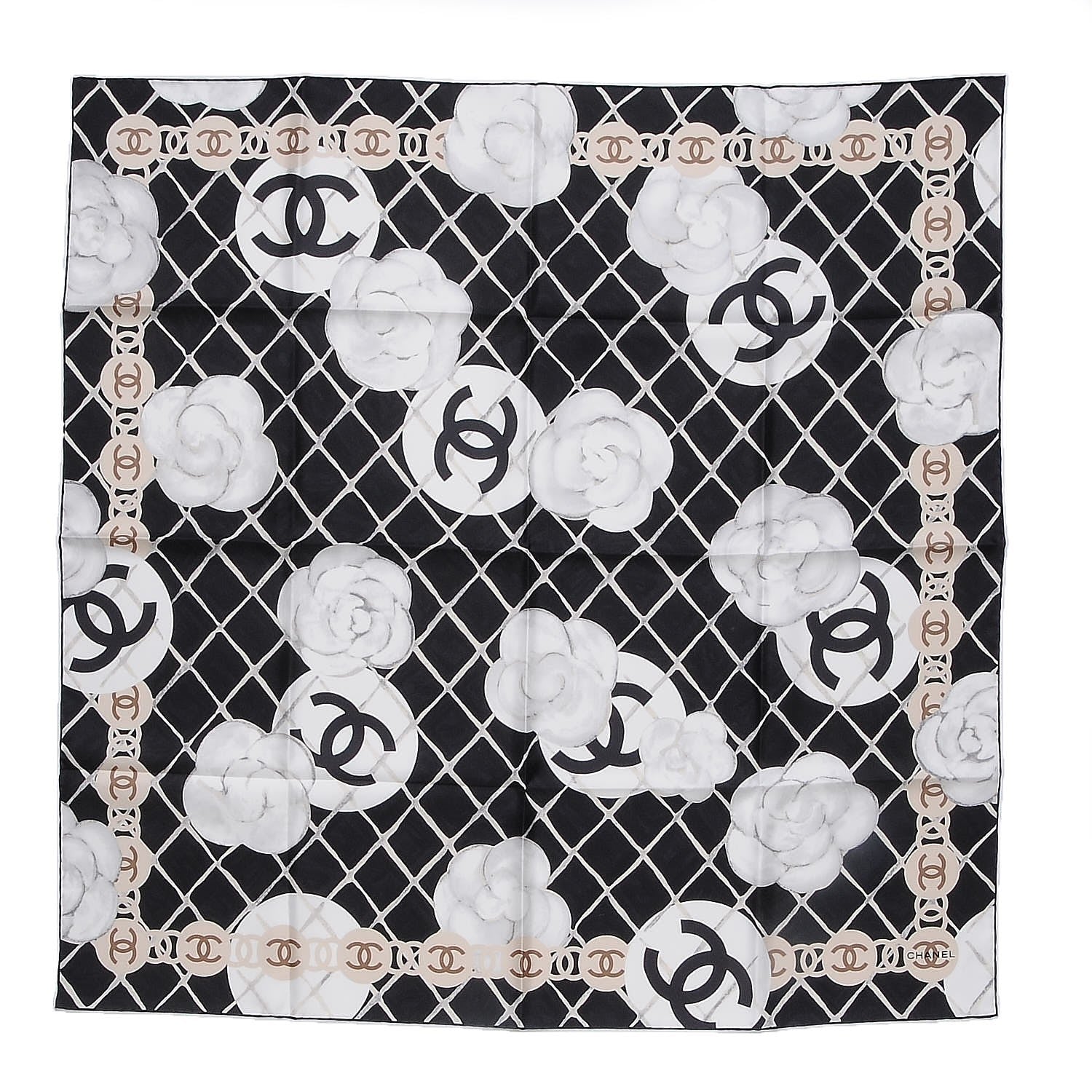 Chanel Silk CC Logo Camellia Scarf White Black 1 of 5