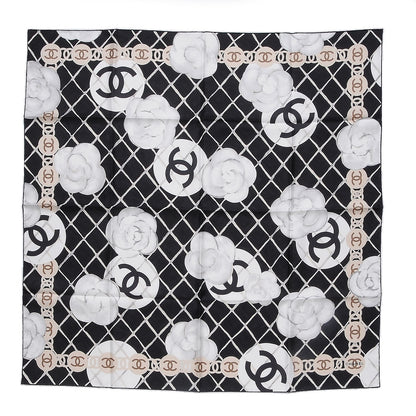 Chanel Silk CC Logo Camellia Scarf White Black 1 of 5