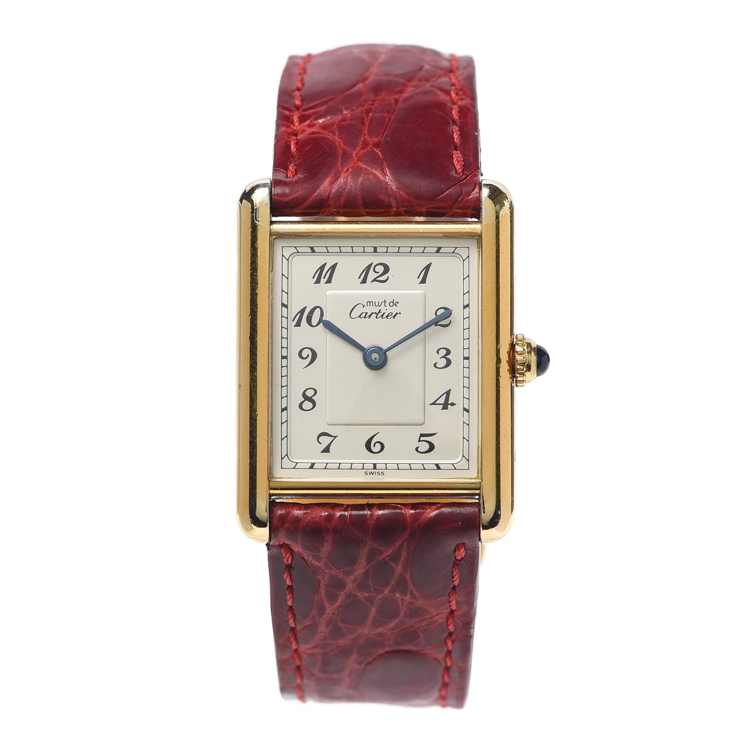 Cartier Sterling Silver Vermeil Alligator 23mm Must de Cartier Tank Quartz Watch Red 1 of 6