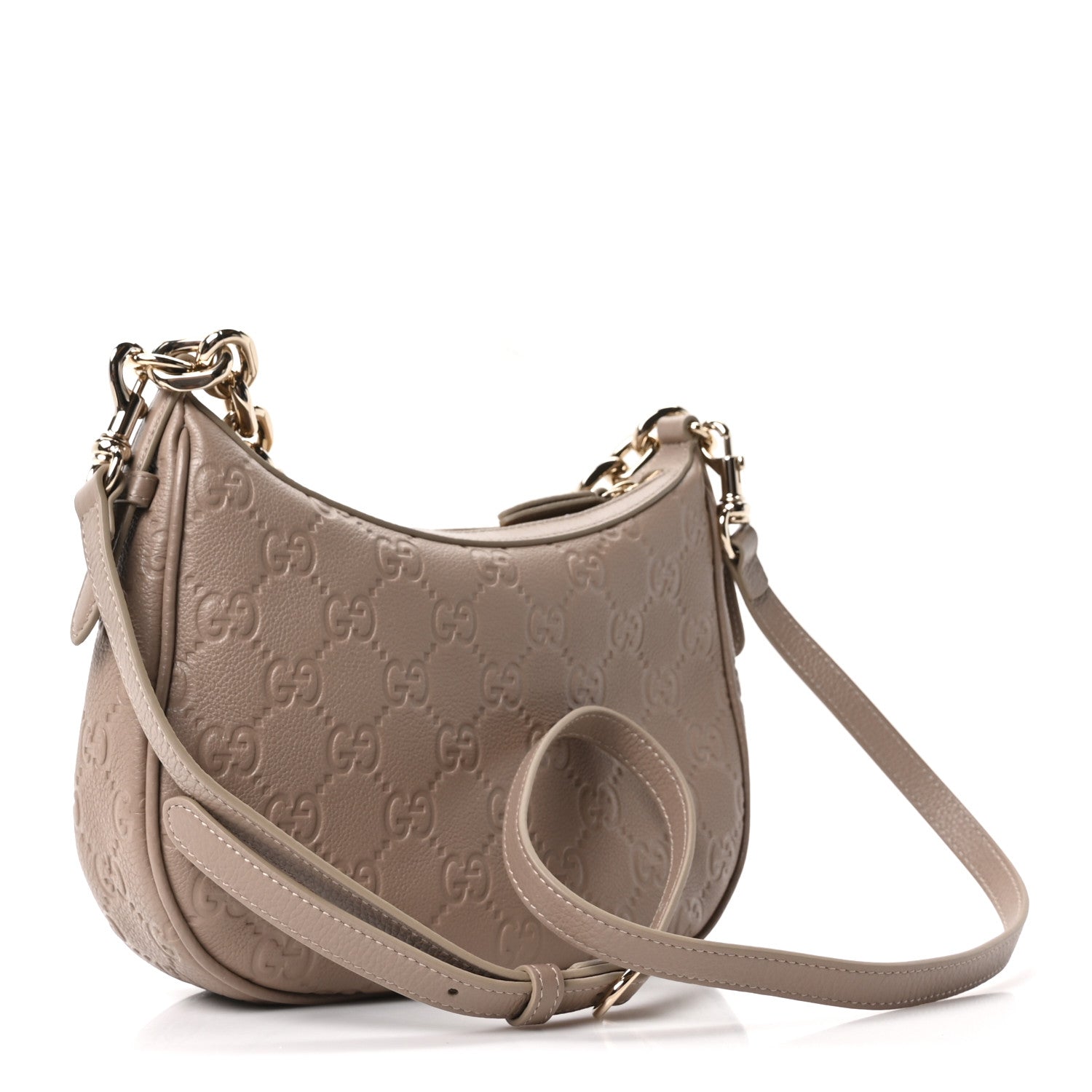 Gucci GG Grainy Calfskin Emblem Medium Half Moon Shoulder Bag Taupe 3 of 11