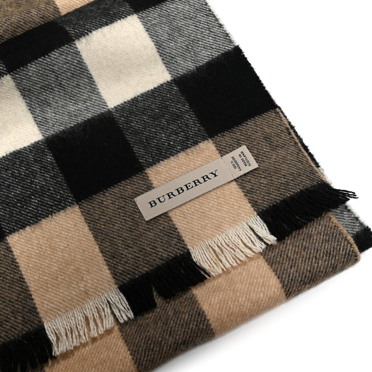 Cashmere Giant Check Fringe Scarf Archive Beige