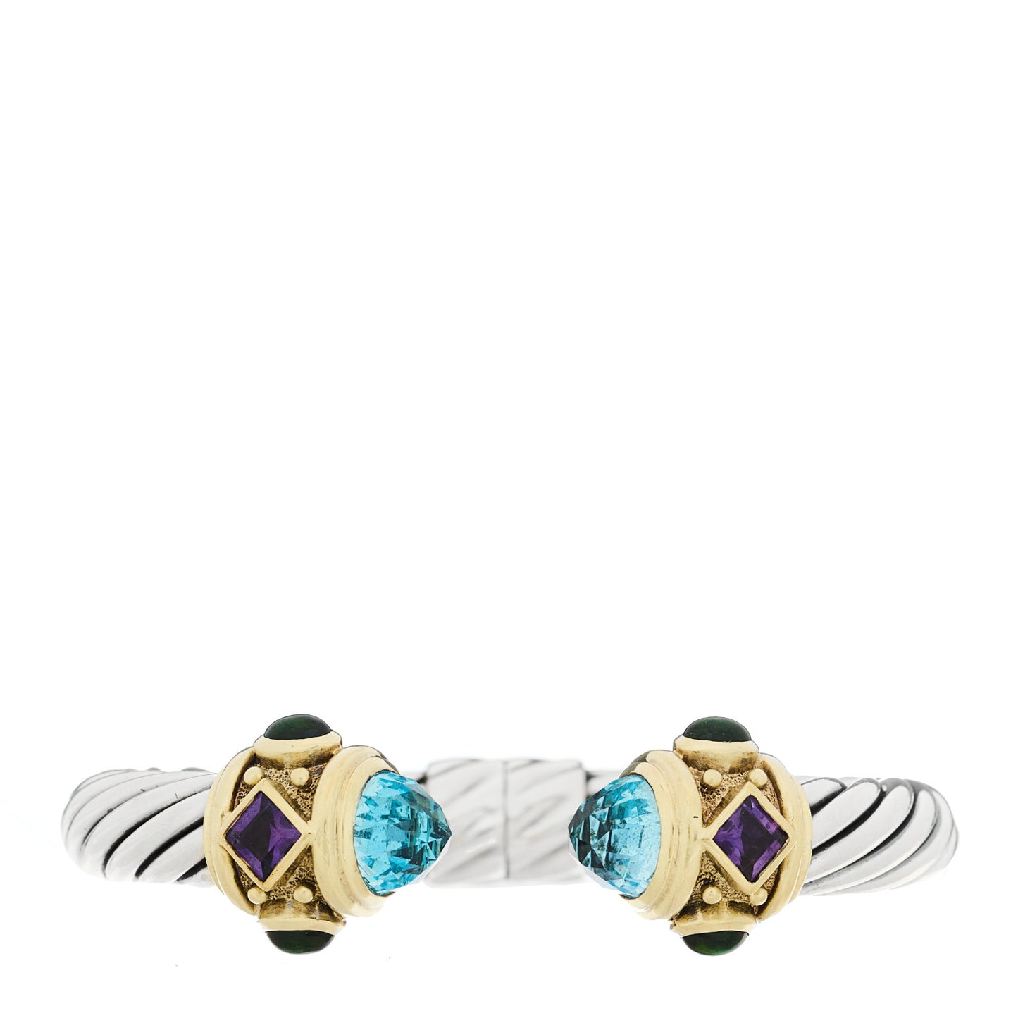 Sterling Silver 14K Yellow Gold Blue Topaz Amethyst Green Tourmaline 10mm Cable Renaissance Bracelet