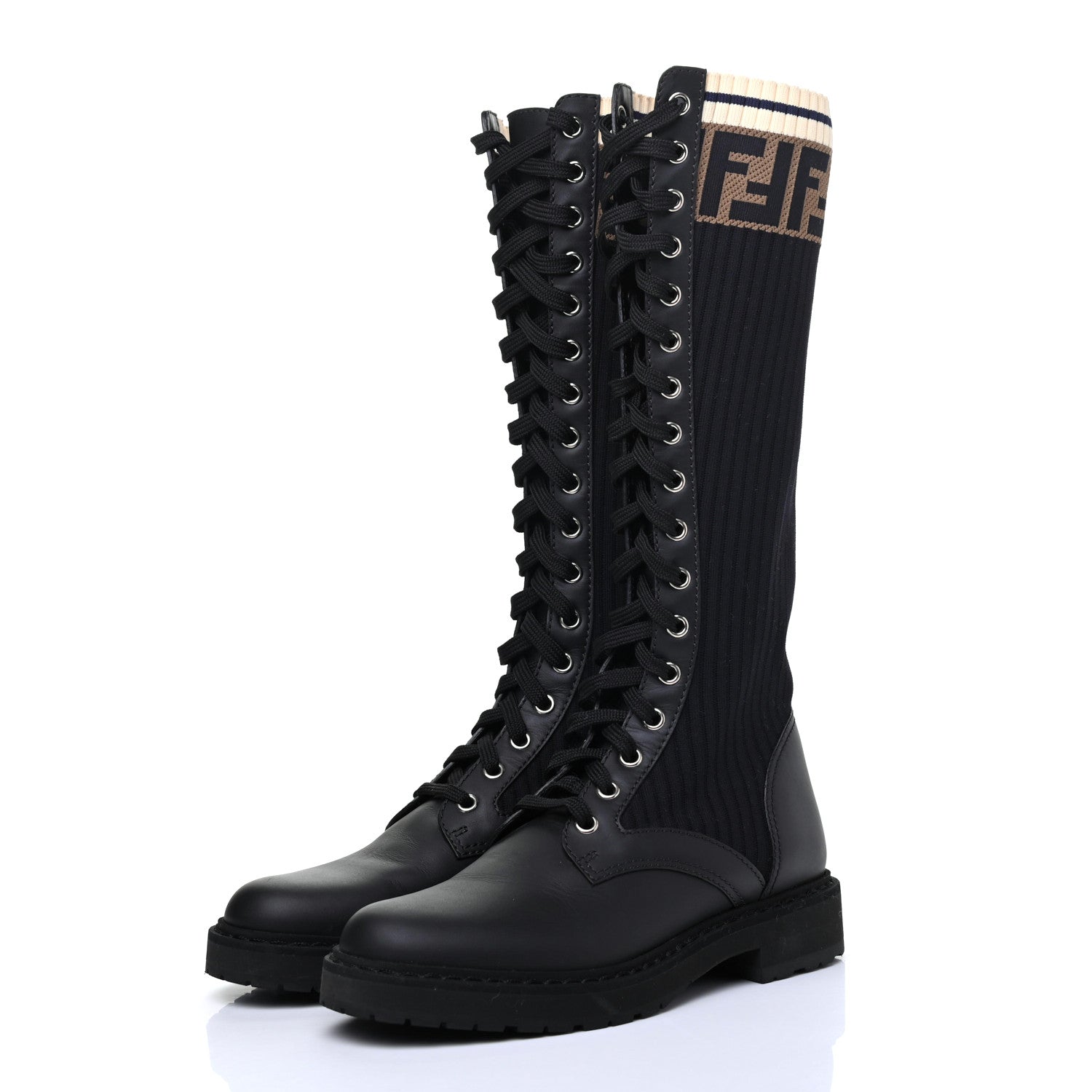 Fendi Calfskin Stretch Fabric FF Rockoko Tall Biker Boots 35 Tobacco Black Marino 3 of 10