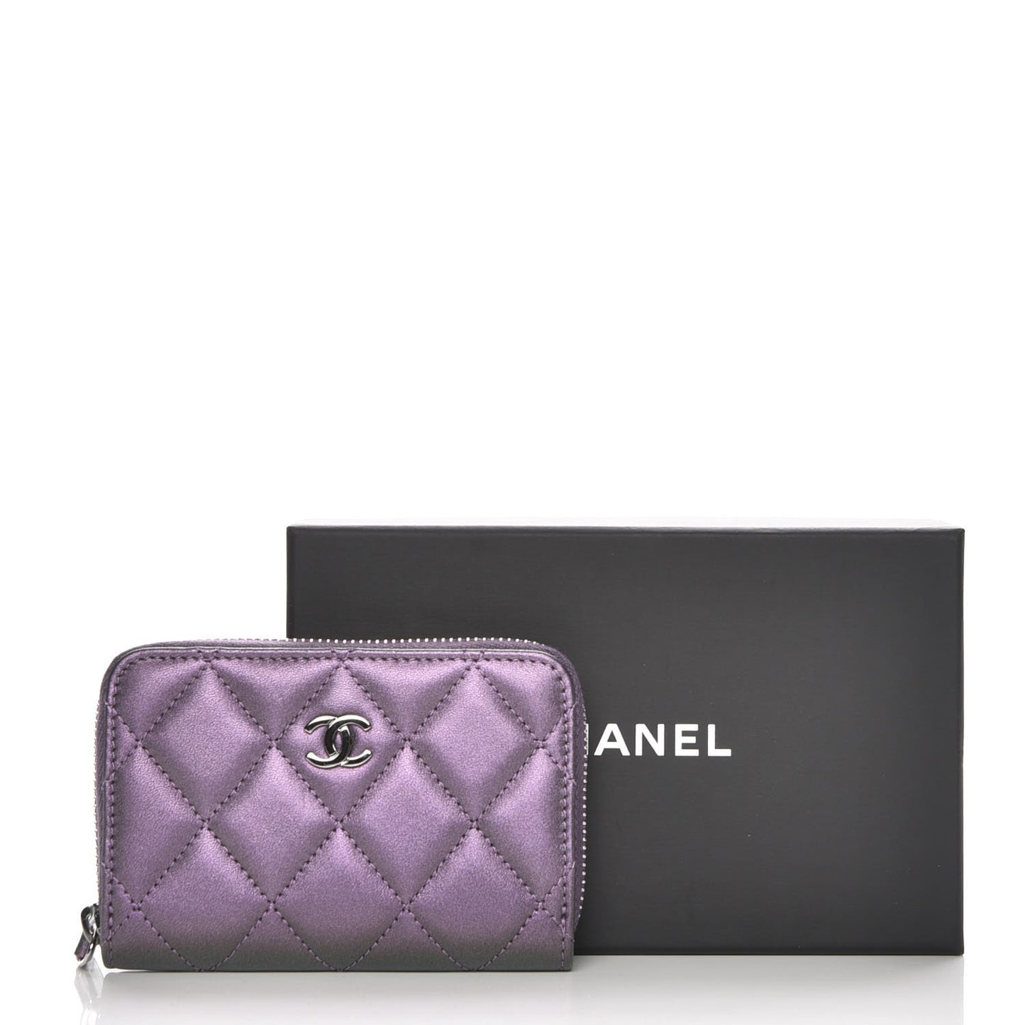 Metallic Lambskin Quilted Zip Around Coin Purse Wallet Purple