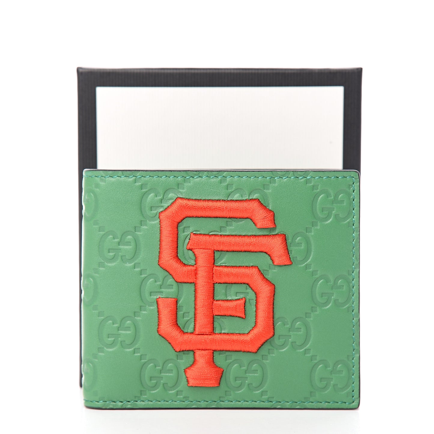 X MLB Guccissima SF Giants Embroidered Bi-Fold Wallet New Shamrock Deep Orange