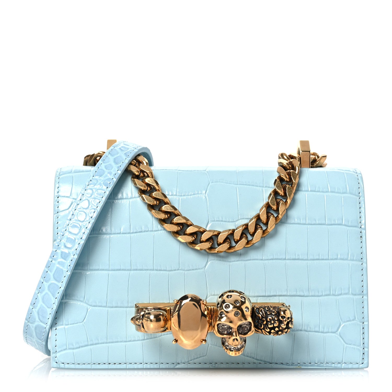 Alexander McQueen Calfskin Crocodile Embossed Knuckle Shoulder Bag Pale Blue 1 of 13