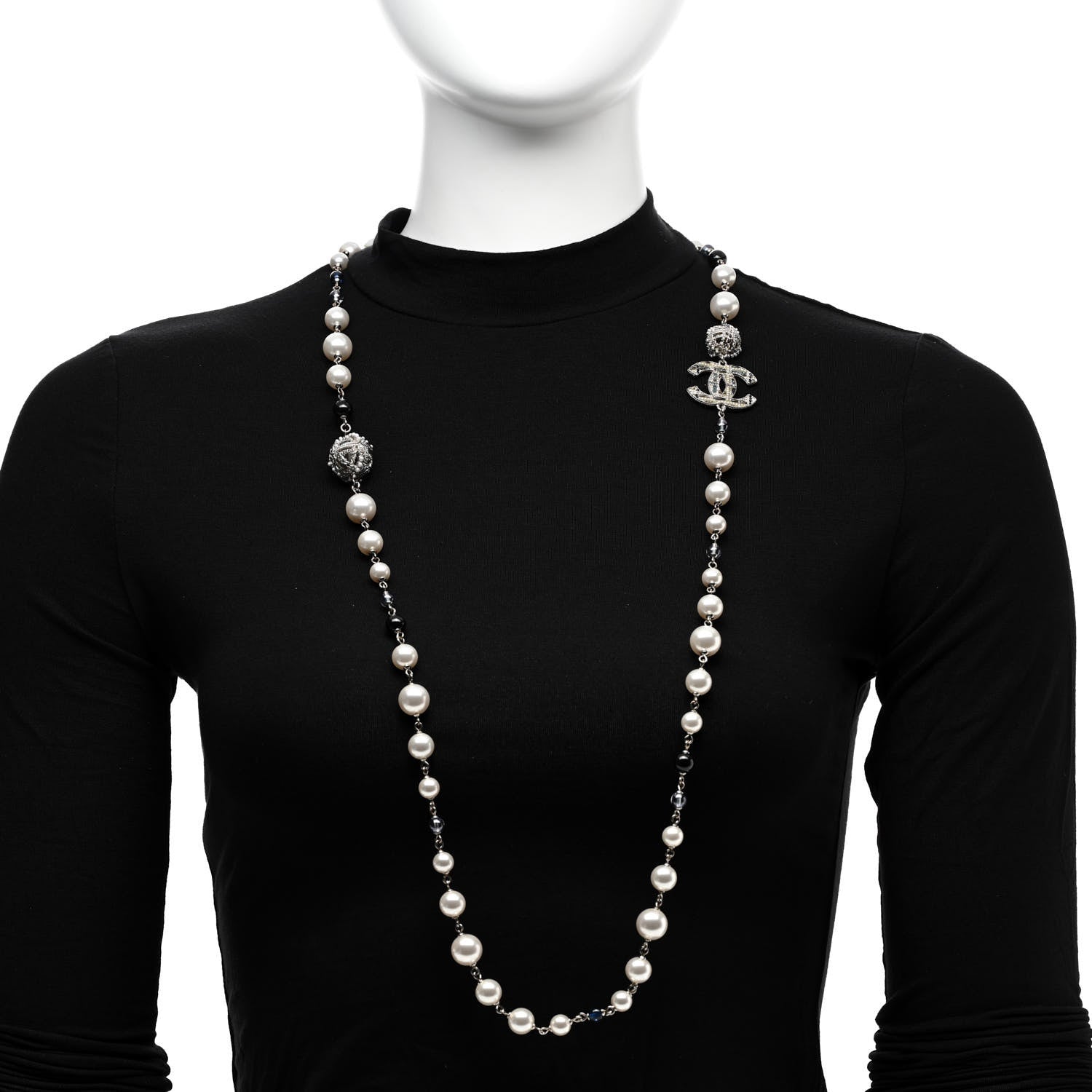 Chanel Pearl Bead Tweed Effect CC Long Necklace Silver Black Blue 2 of 6