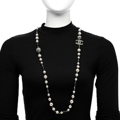 Chanel Pearl Bead Tweed Effect CC Long Necklace Silver Black Blue 2 of 6
