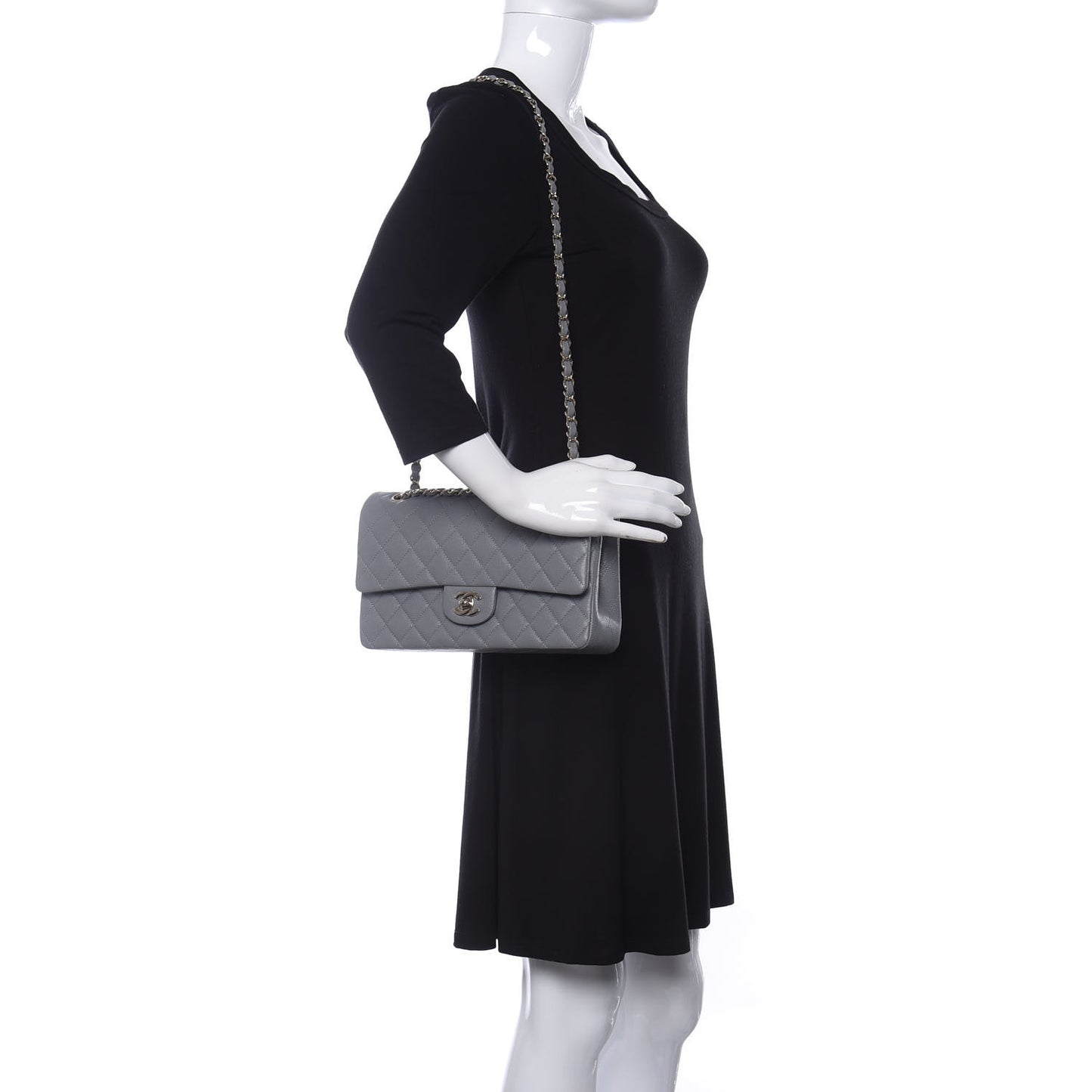 Caviar Quilted Medium Double Flap Grey