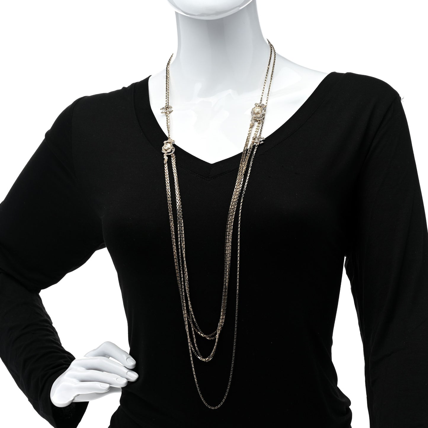 Crystal Pearl CC Long Multistrand Necklace Light Gold