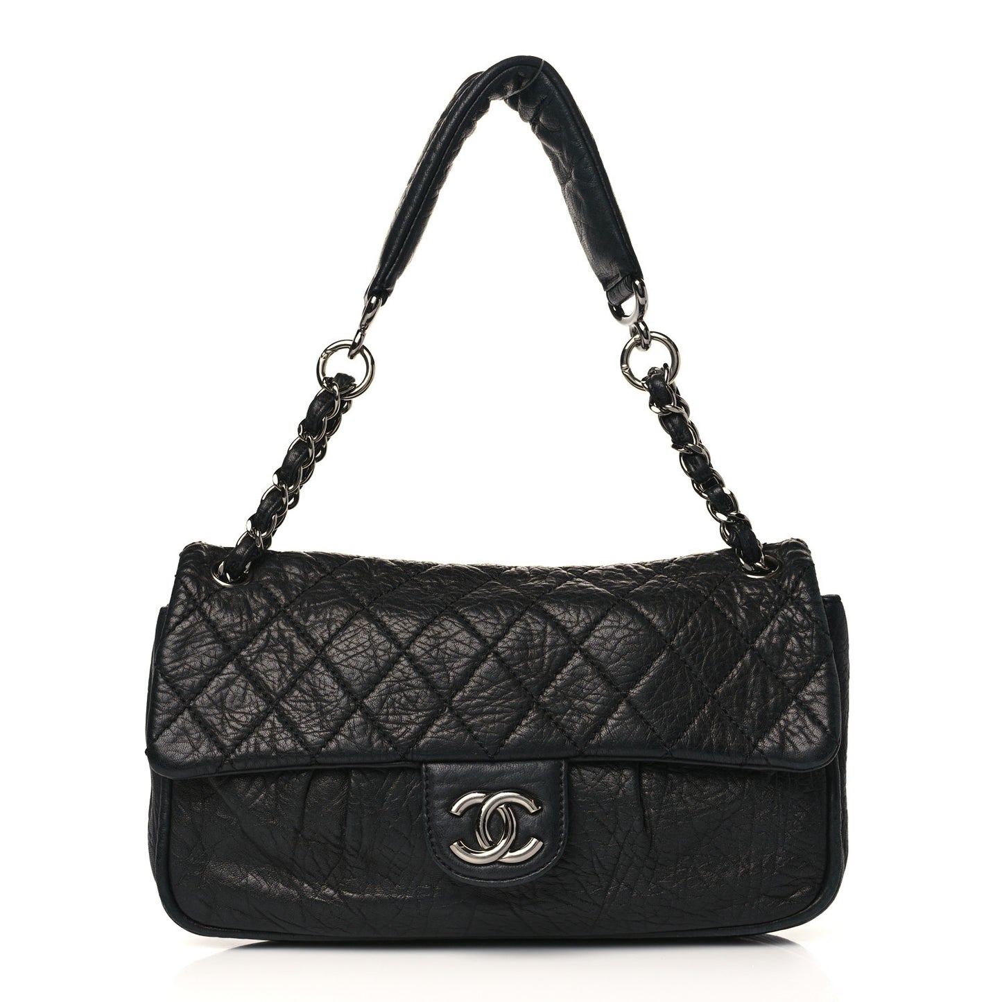 Distressed Lambskin Lady Braid Flap Black