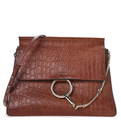 Chloe Calfskin Crocodile Embossed Medium Faye Shoulder Bag Mahogany 1 of 11