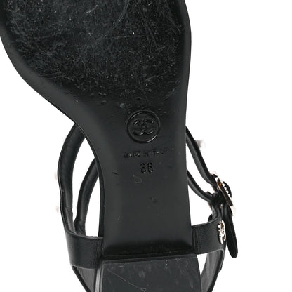 Chanel Calfskin Grosgrain Pearl Thong Sandals 36 Black 6 of 7