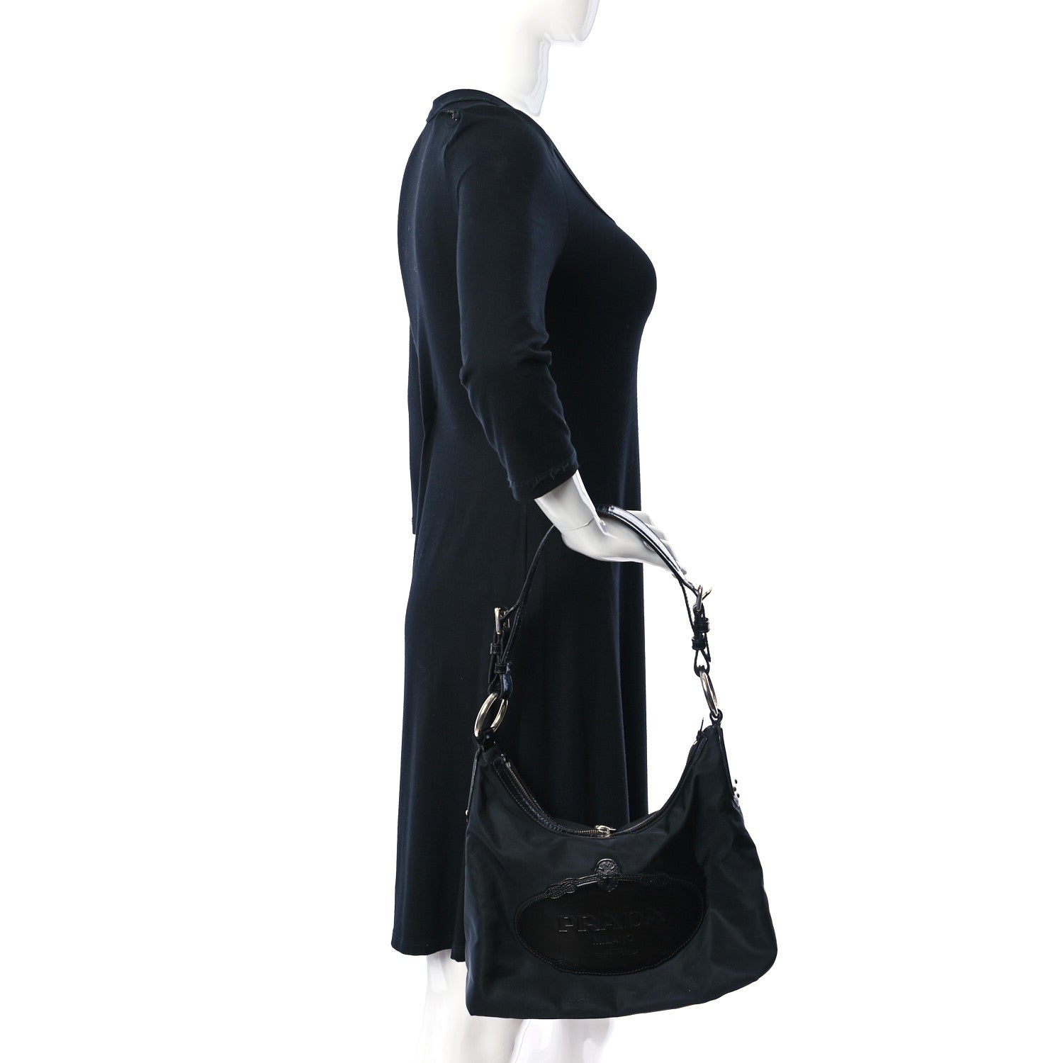 Prada Tessuto Nylon Calfskin Logo Shoulder Bag Black 3 of 18