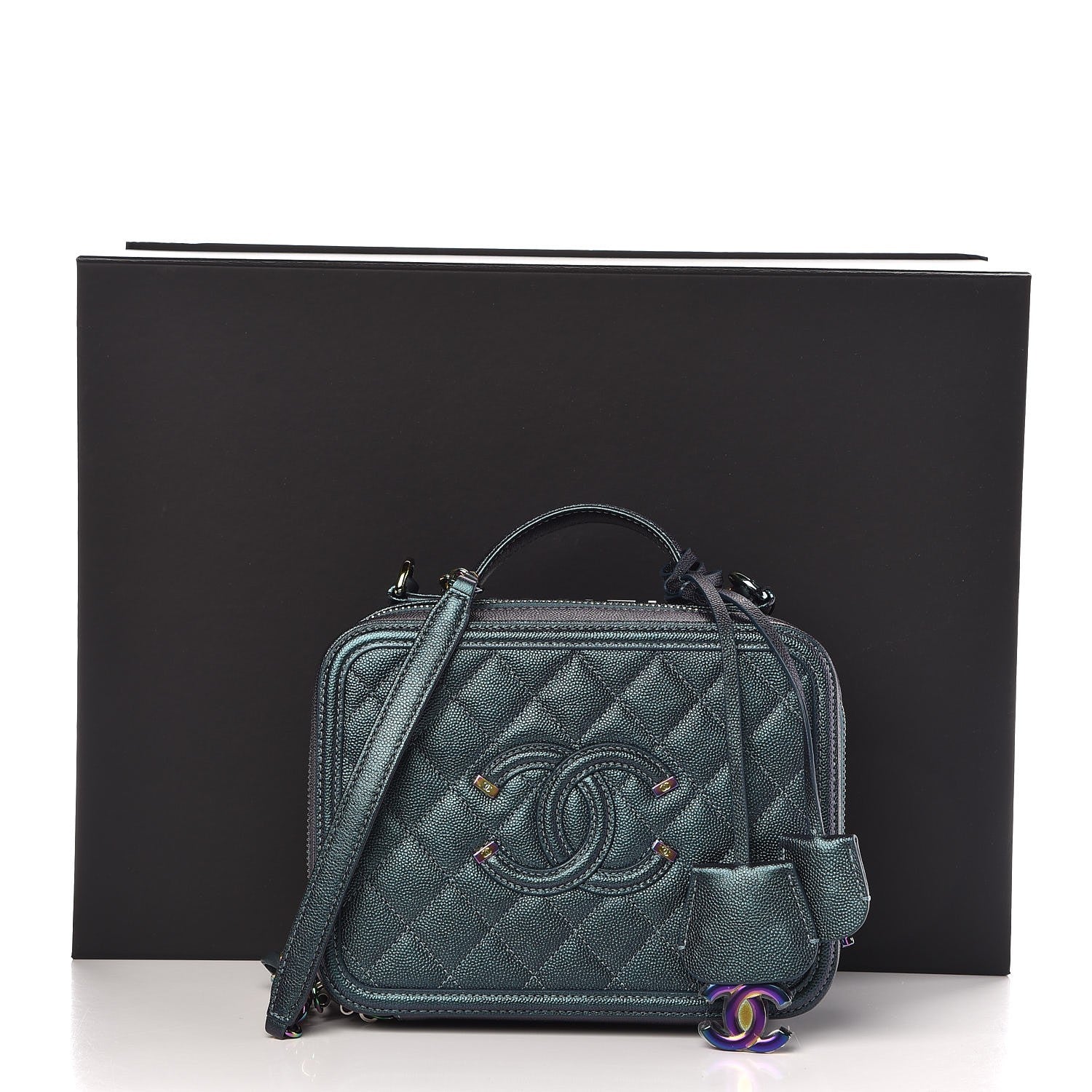 Chanel Iridescent Caviar Quilted Medium CC Filigree Vanity Case Dark Turquoise 9 of 9