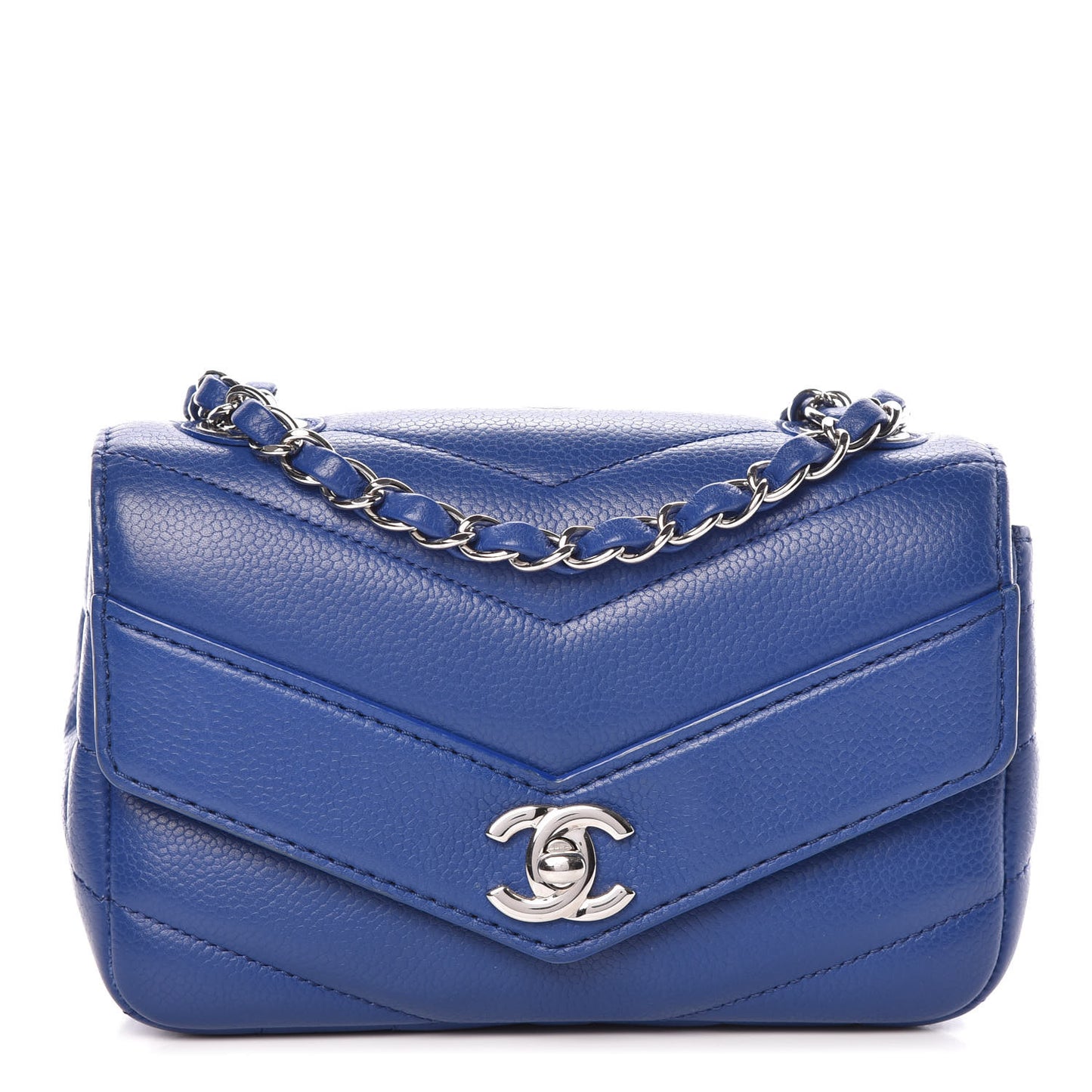 Caviar Chevron Quilted Small Single Flap Blue