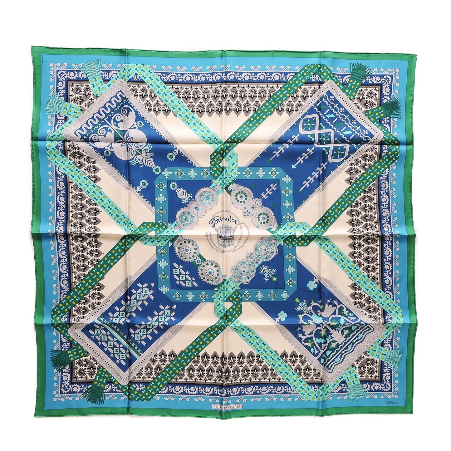 Silk Mousseline Brins D Or 90 Scarf Emeraude Blanc Bleu