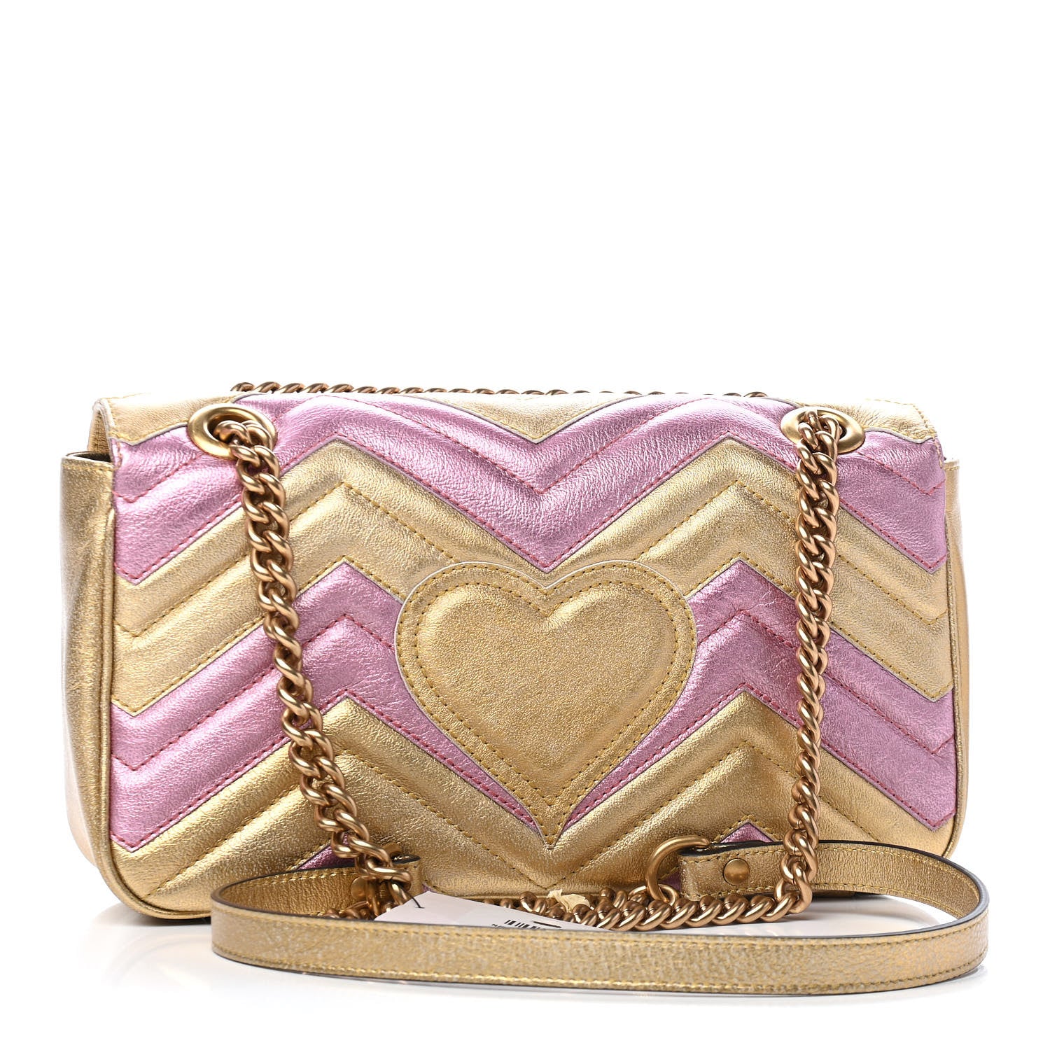 Gucci Metallic Calfskin Matelasse Small GG Marmont Shoulder Bag Gold Pink 3 of 9