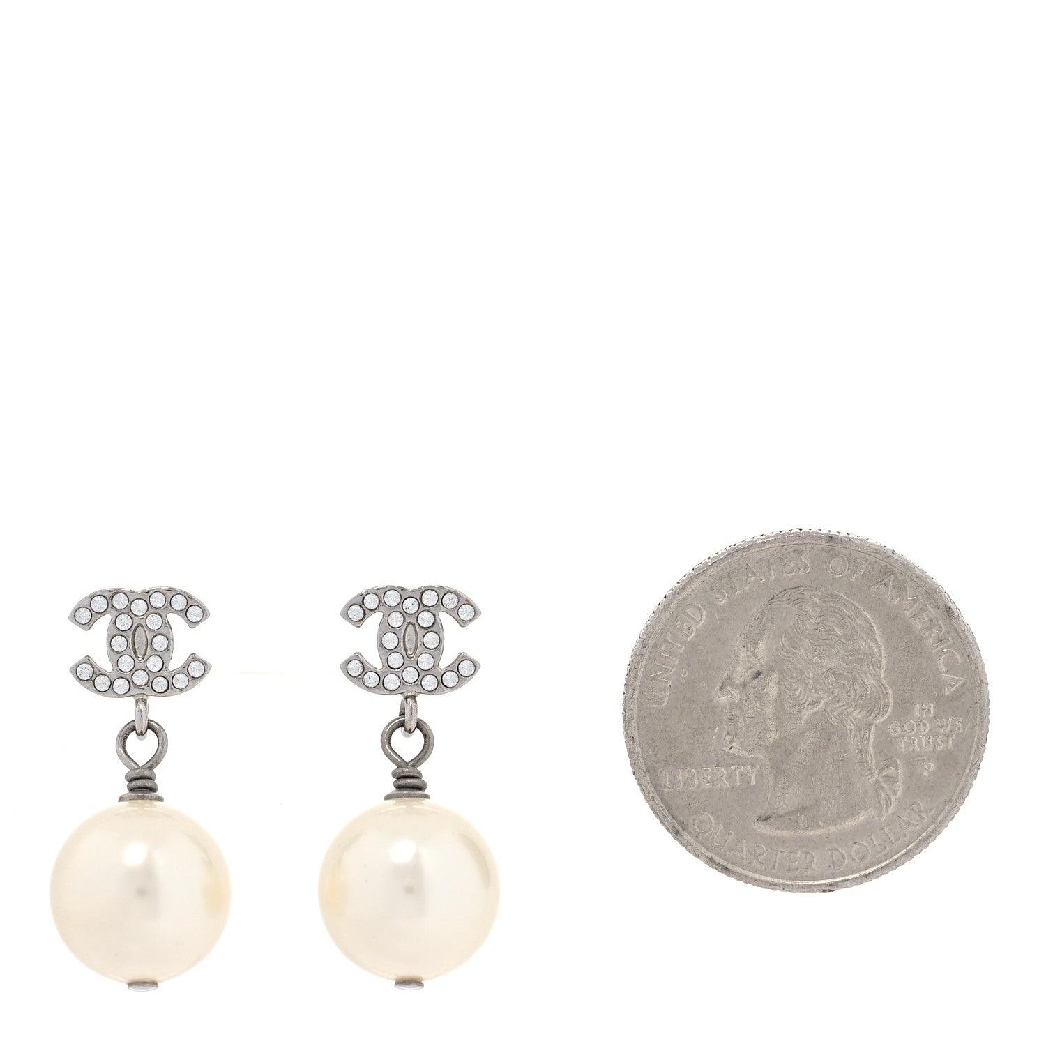 Chanel Crystal Pearl CC Drop Earrings Silver Pearly White 2 of 5