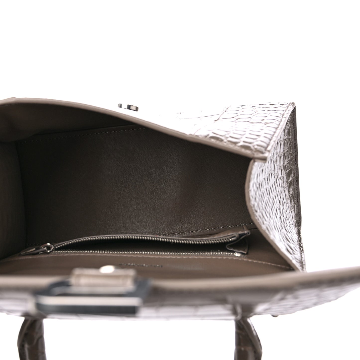 Shiny Calfskin Crocodile Embossed Small Hourglass Top Handle Bag Mink Grey