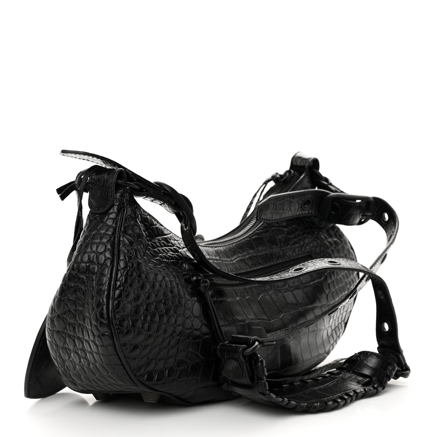 Extra Supple Calfskin Crocodile Embossed Monochrome Small Le Cagole Shoulder Bag Black