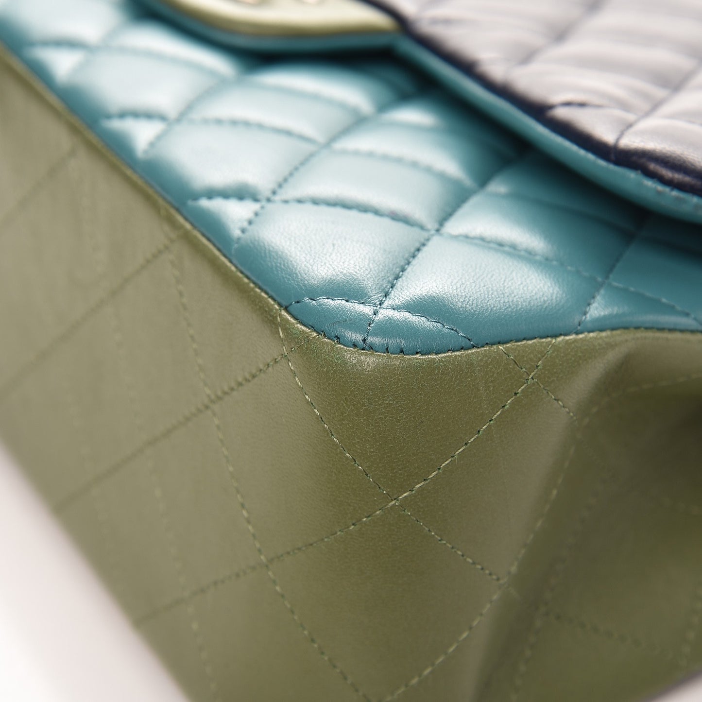 Lambskin Quilted Tri-Color Jumbo Double Flap Navy Blue Green