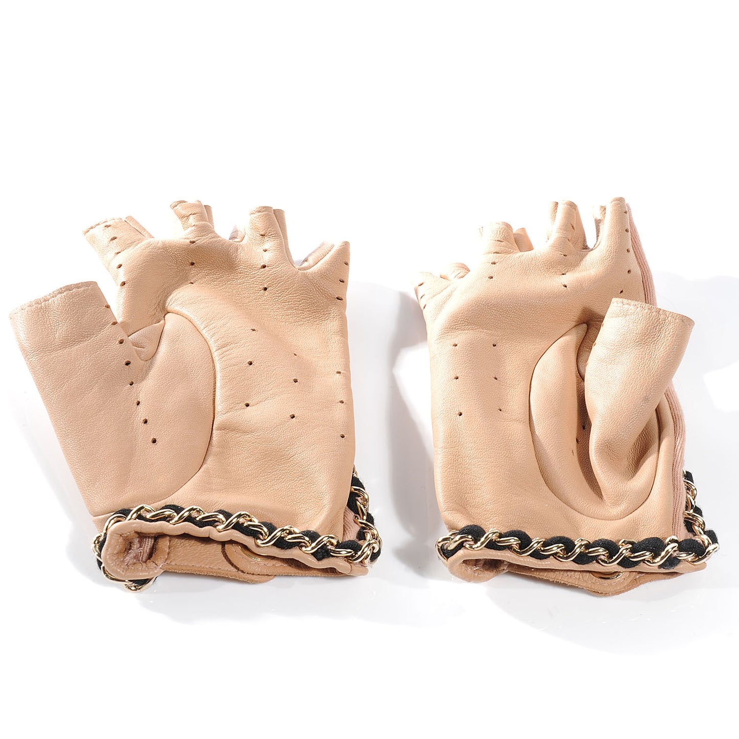 Lambskin Wool Fingerless Chain CC Gloves Beige 7.5