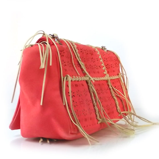 Calfskin Perforated Fringe Flap Bag Coral