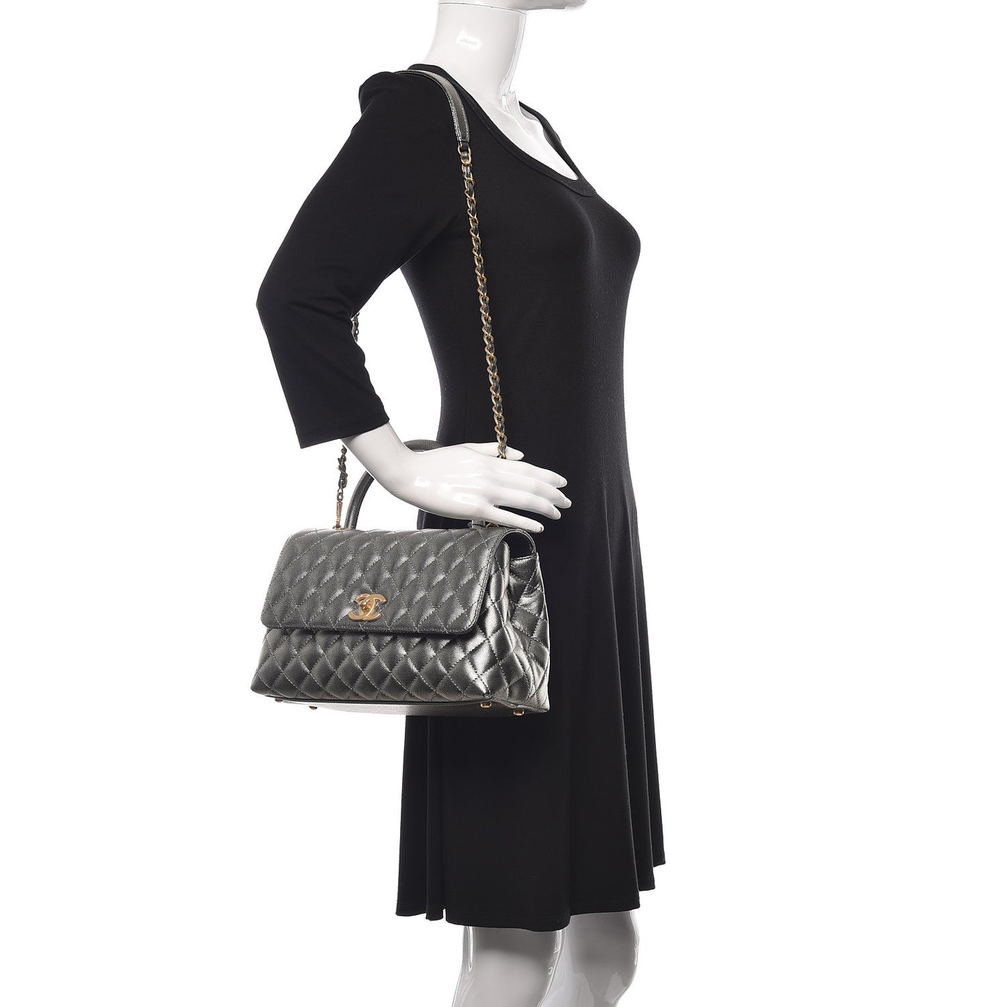 Metallic Caviar Quilted Small Coco Handle Flap Silver