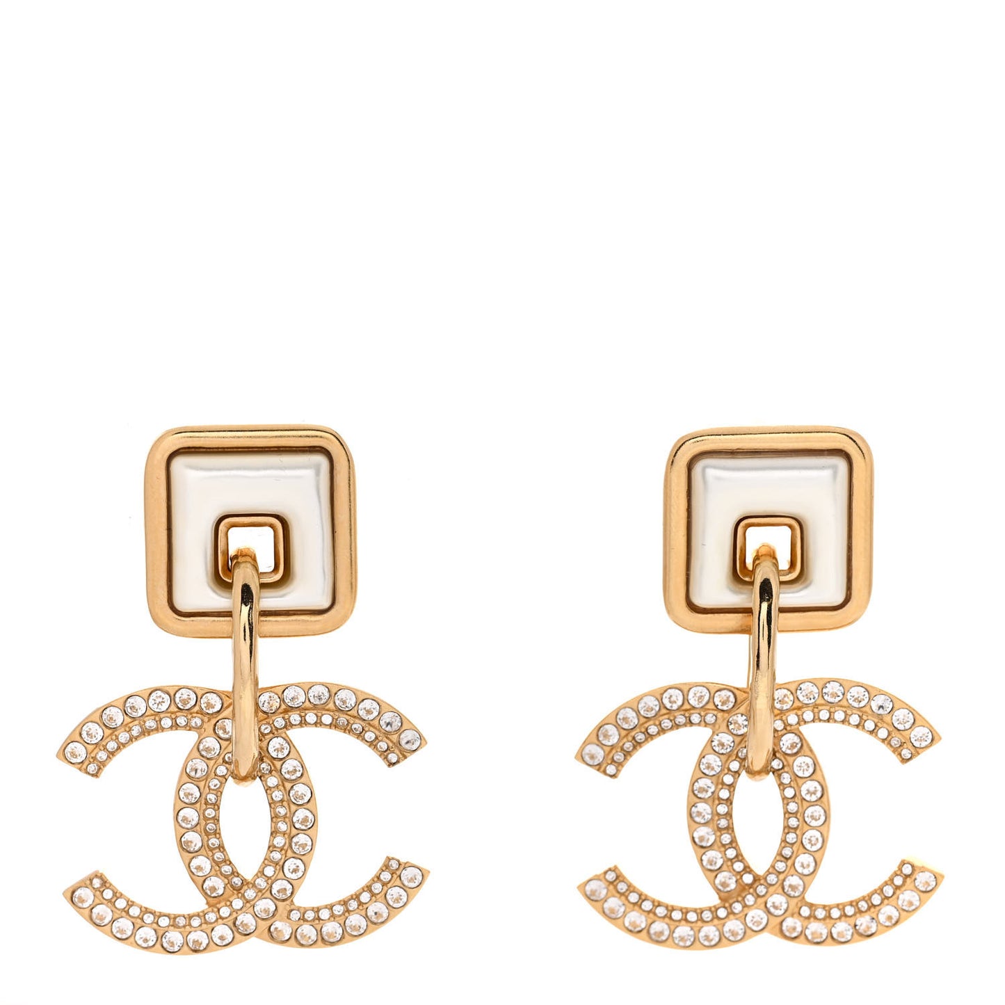 Crystal Pearl CC Square Drop Earrings Gold Pearly White