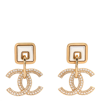 Chanel Crystal Pearl CC Square Drop Earrings Gold Pearly White 1 of 5