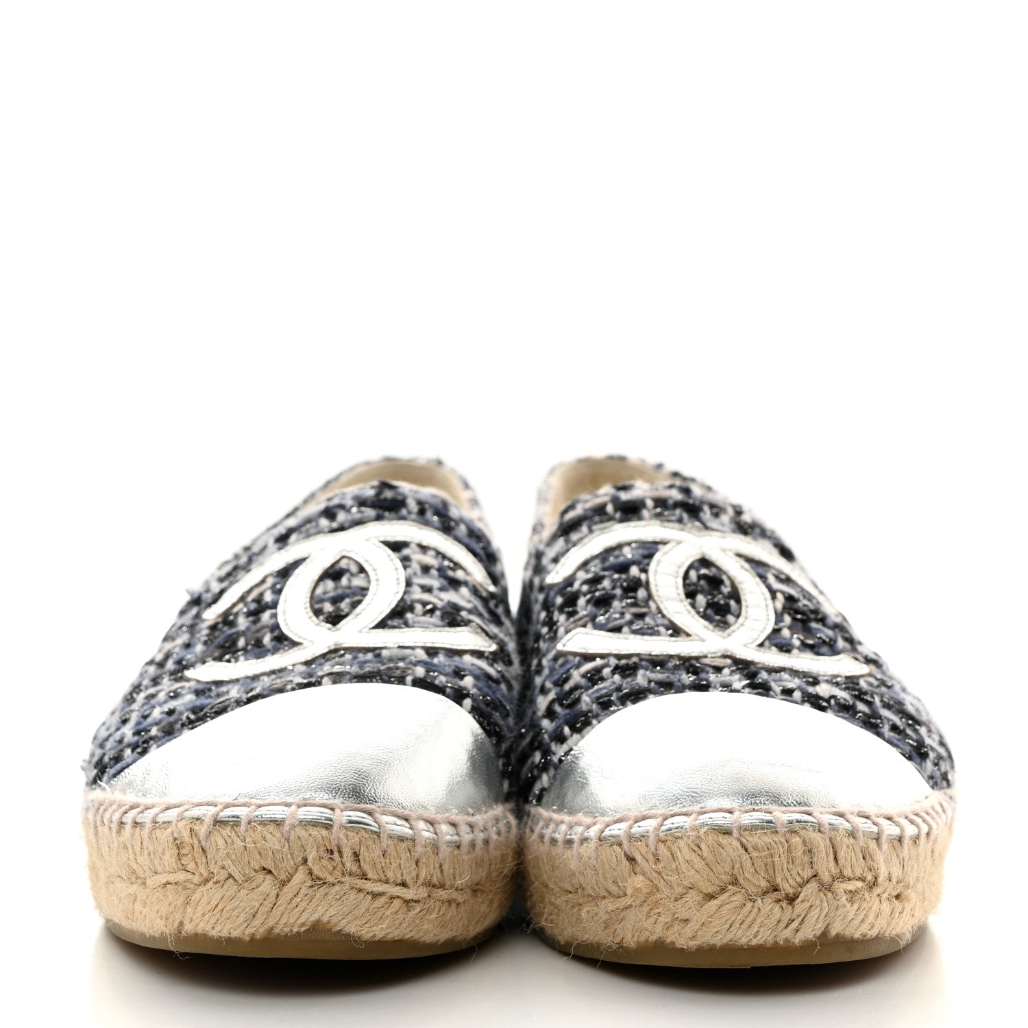 Chanel Metallic Tweed Lambskin CC Espadrilles 39 Blue Black Silver 2 of 8