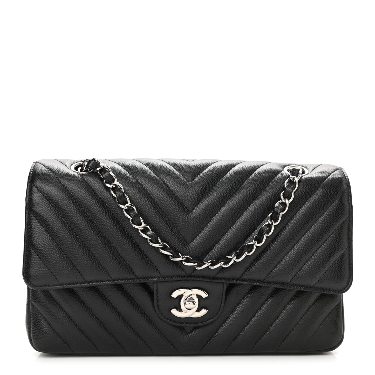Caviar Chevron Quilted Medium Double Flap Black